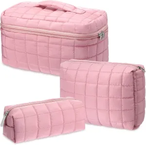 3 Pcs Large Puffy Makeup Bag Set Quilted Cosmetic Pouch for Women Cute Checkered Travel Toiletry Bag Puffer Makeup Organizer Purse Pouch Preppy Pencil Case with Zipper (Pink)