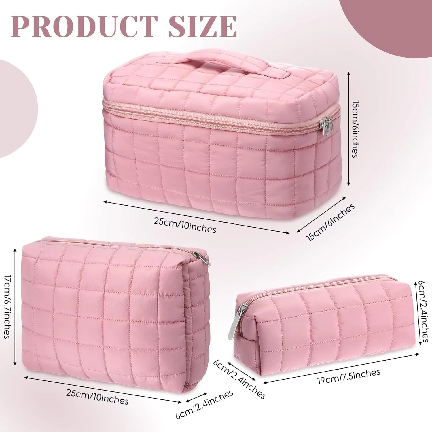 3 Pcs Large Puffy Makeup Bag Set Quilted Cosmetic Pouch for Women Cute Checkered Travel Toiletry Bag Puffer Makeup Organizer Purse Pouch Preppy Pencil Case with Zipper (Pink)