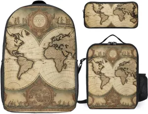 3 Piece Backpack for Women Men Lightweight Causal Daypack Shoulder Bag Set with Insulated Lunch Bag And Pencil Case Organizers Old Map