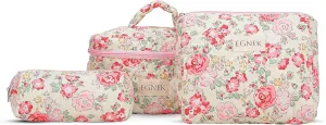 3 Piece Quilted Makeup Bag with Cute Vintage Floral for Travel, Toiletry Pouch, and Cute Cosmetic Bags, Compact Design and Stylish