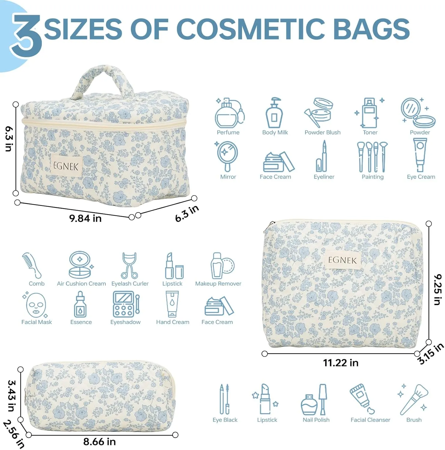 3 Piece Quilted Makeup Bag with Cute Vintage Floral for Travel, Toiletry Pouch, and Cute Cosmetic Bags, Compact Design and Stylish
