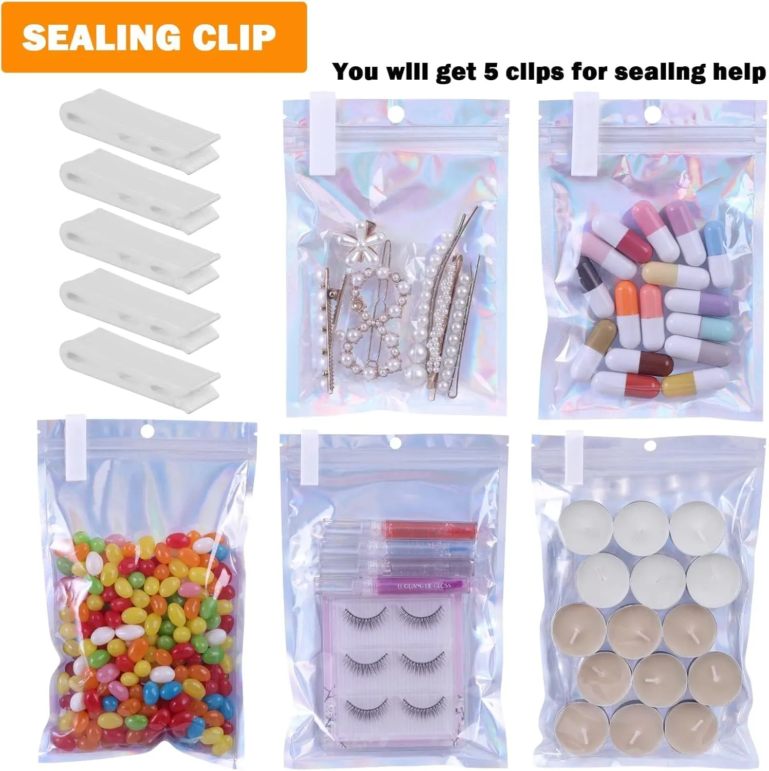 350 PCS 4x6 Smell Proof Mylar Bags for Food Storage, Resealable Mylar Bags for Kitchen Organization with Clear Window, Holographic Ziplock Packaging Bag for Candy, Cookies and Small Jewelry