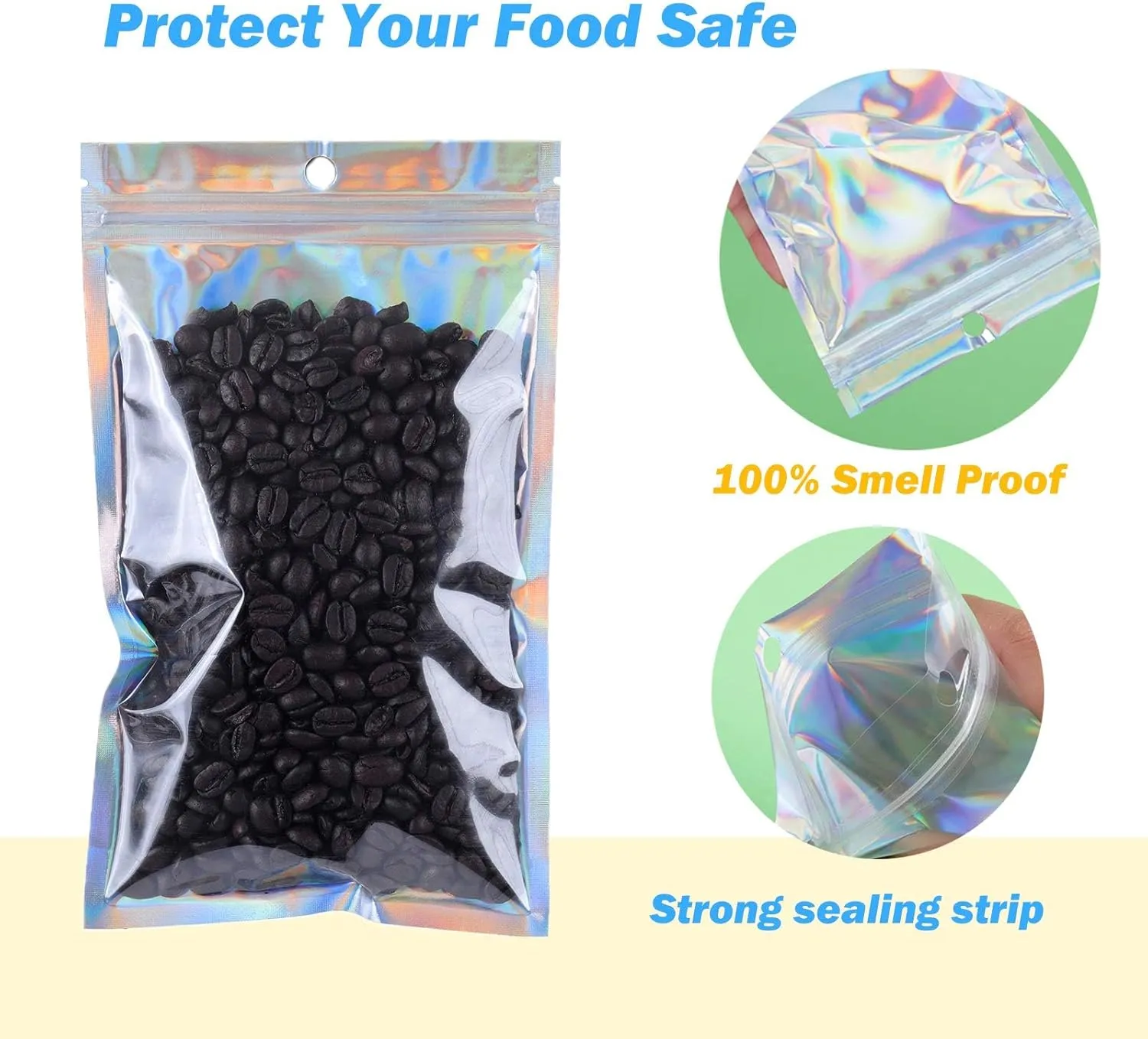 350 PCS 4x6 Smell Proof Mylar Bags for Food Storage, Resealable Mylar Bags for Kitchen Organization with Clear Window, Holographic Ziplock Packaging Bag for Candy, Cookies and Small Jewelry