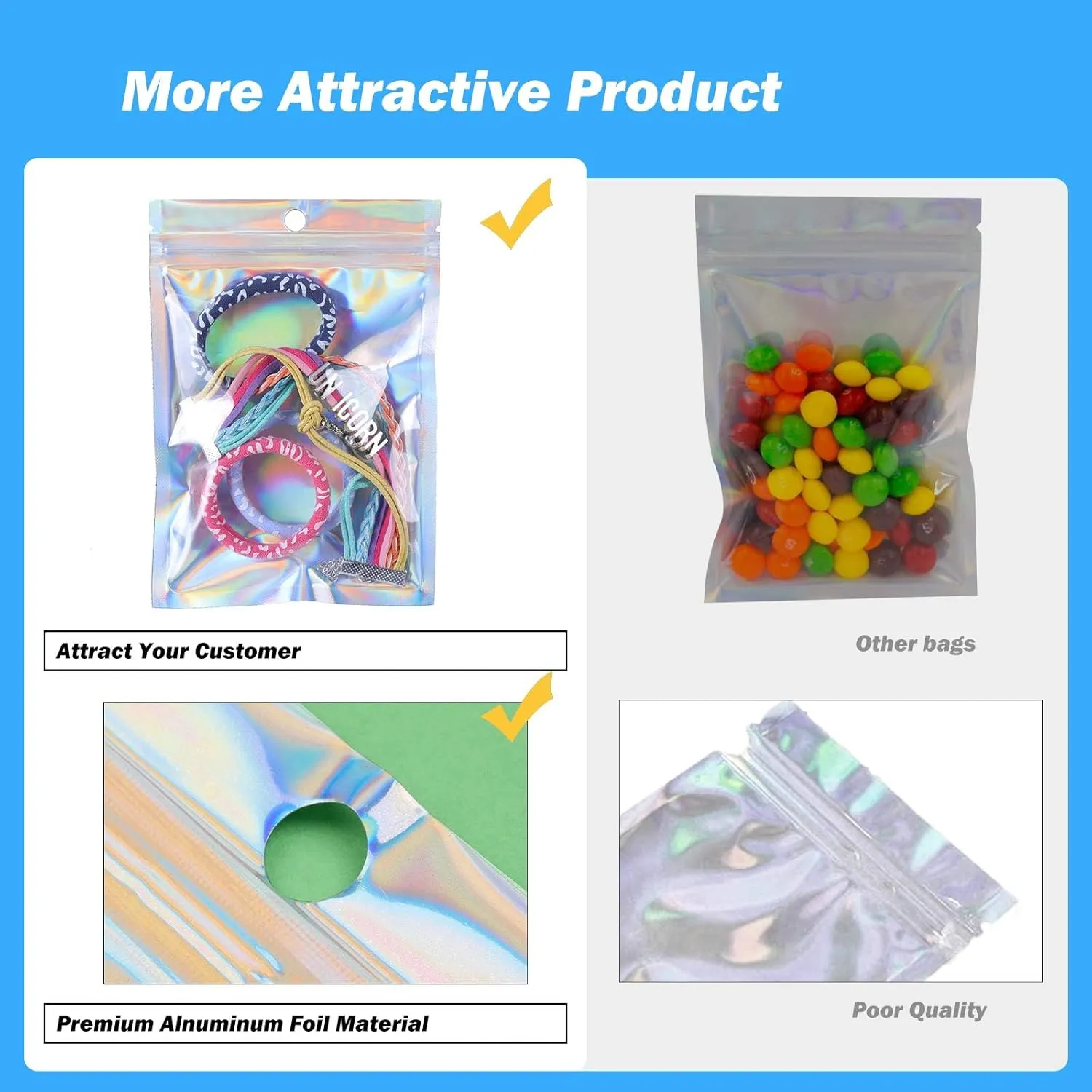 350 PCS 4x6 Smell Proof Mylar Bags for Food Storage, Resealable Mylar Bags for Kitchen Organization with Clear Window, Holographic Ziplock Packaging Bag for Candy, Cookies and Small Jewelry