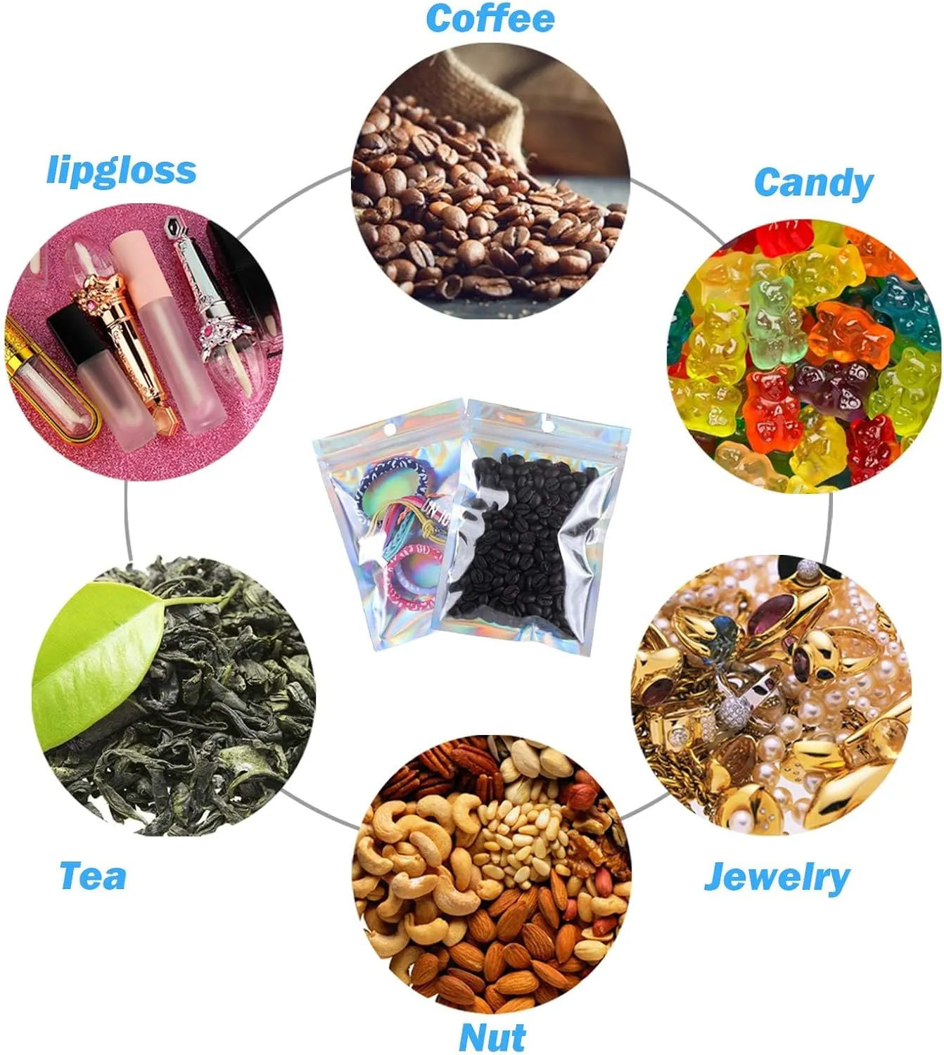 350 PCS 4x6 Smell Proof Mylar Bags for Food Storage, Resealable Mylar Bags for Kitchen Organization with Clear Window, Holographic Ziplock Packaging Bag for Candy, Cookies and Small Jewelry