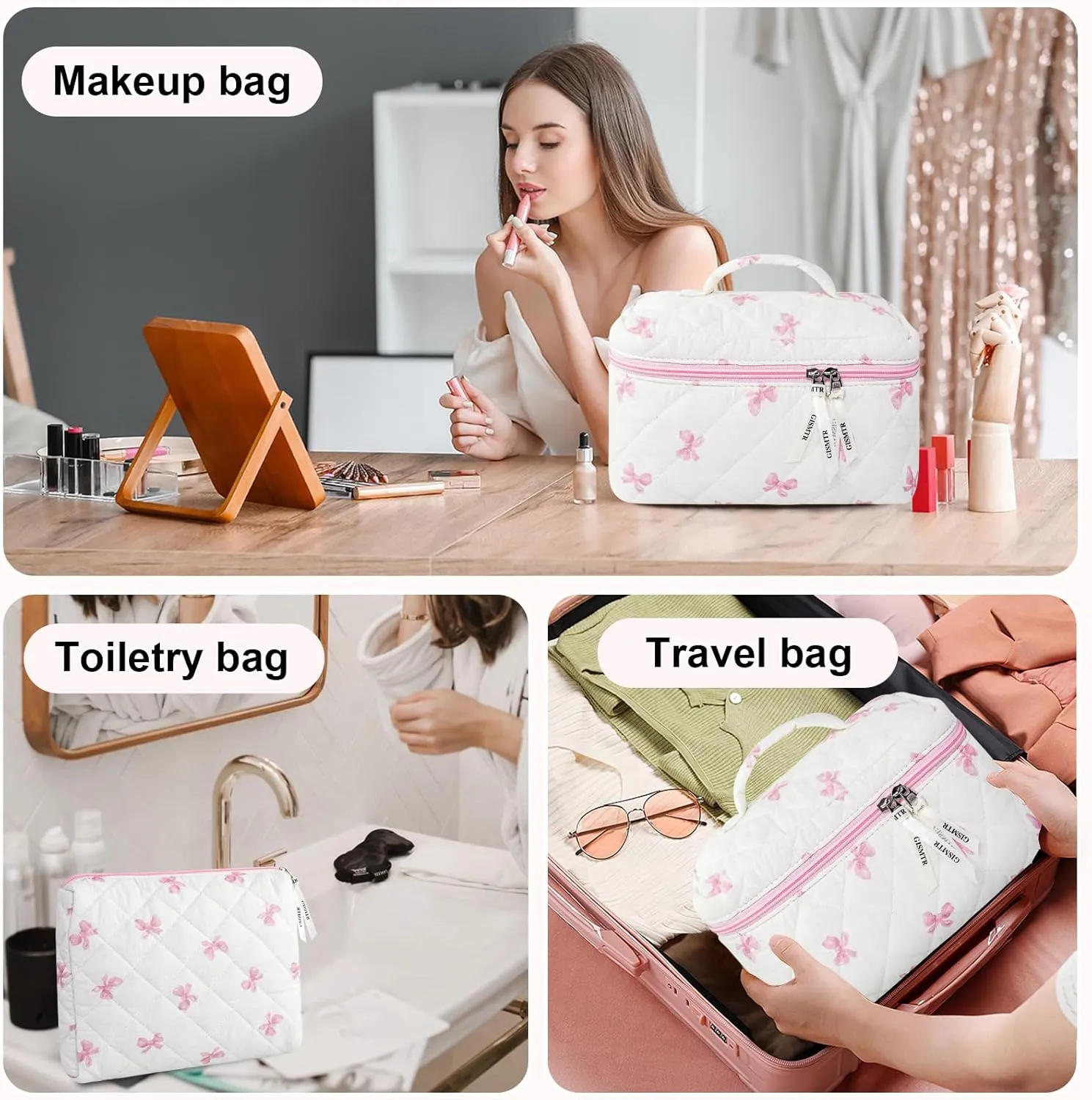 3PCS Makeup Bag Set, Cute Quilted Floral Cosmetic Bag, Large Travel Aesthetic Make up Bag, Coquette Makeup Pouch Toiletry Bag for Women Girls