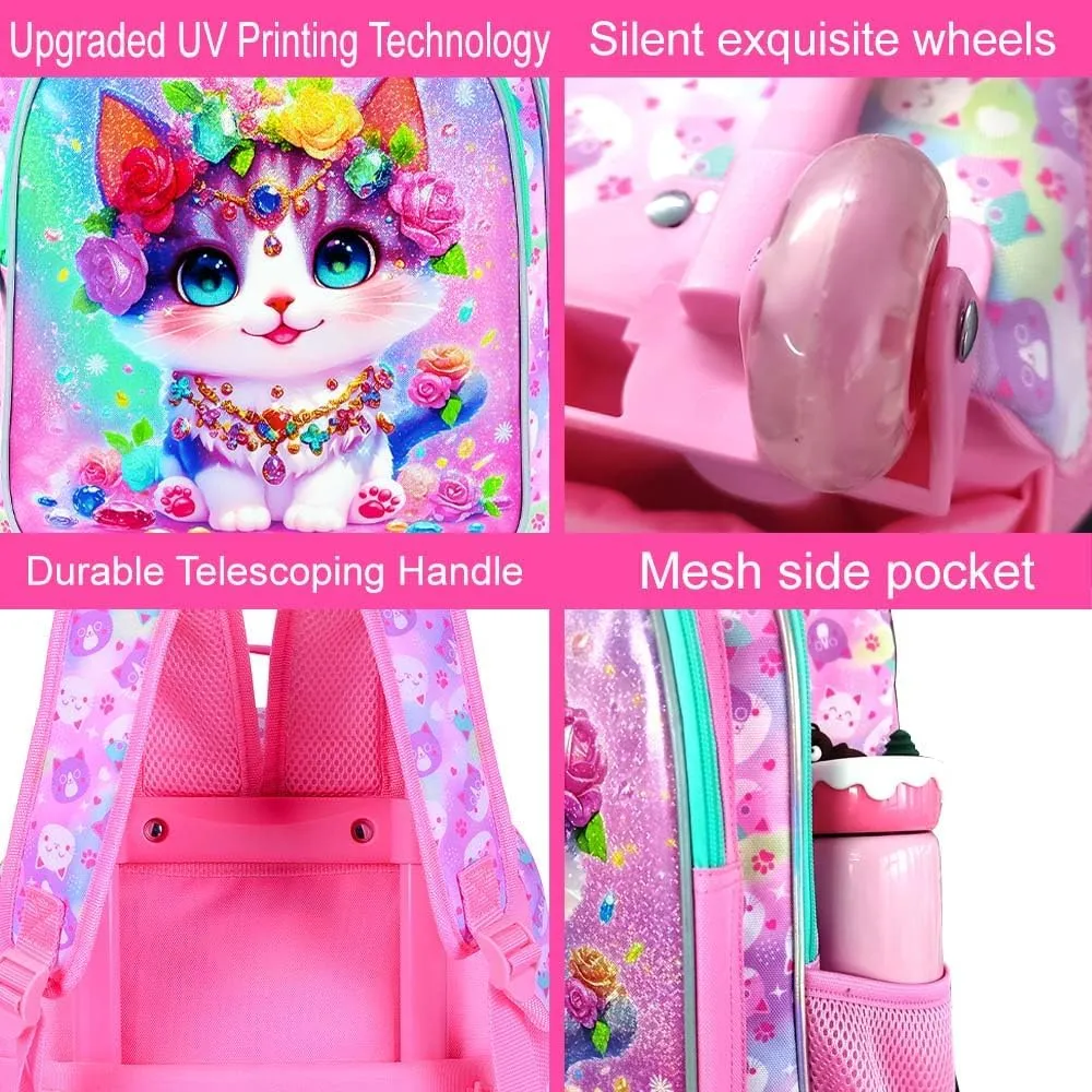 3Pcs Rolling Backpack for Girls, Kids Roller School Backpack with Wheels, Cat Wheeled Bookbag for Elementary Preschool Kindergarten(Pink)
