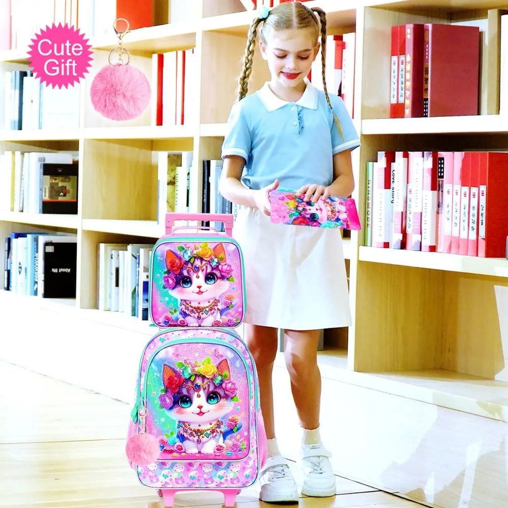 3Pcs Rolling Backpack for Girls, Kids Roller School Backpack with Wheels, Cat Wheeled Bookbag for Elementary Preschool Kindergarten(Pink)