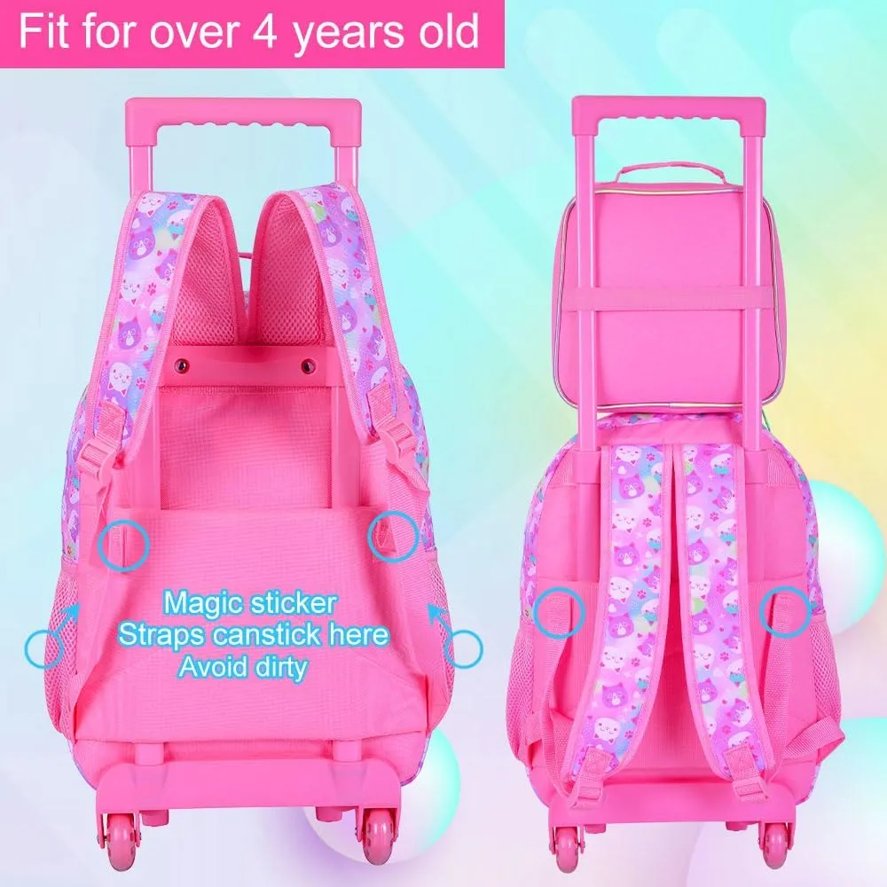 3Pcs Rolling Backpack for Girls, Kids Roller School Backpack with Wheels, Cat Wheeled Bookbag for Elementary Preschool Kindergarten(Pink)