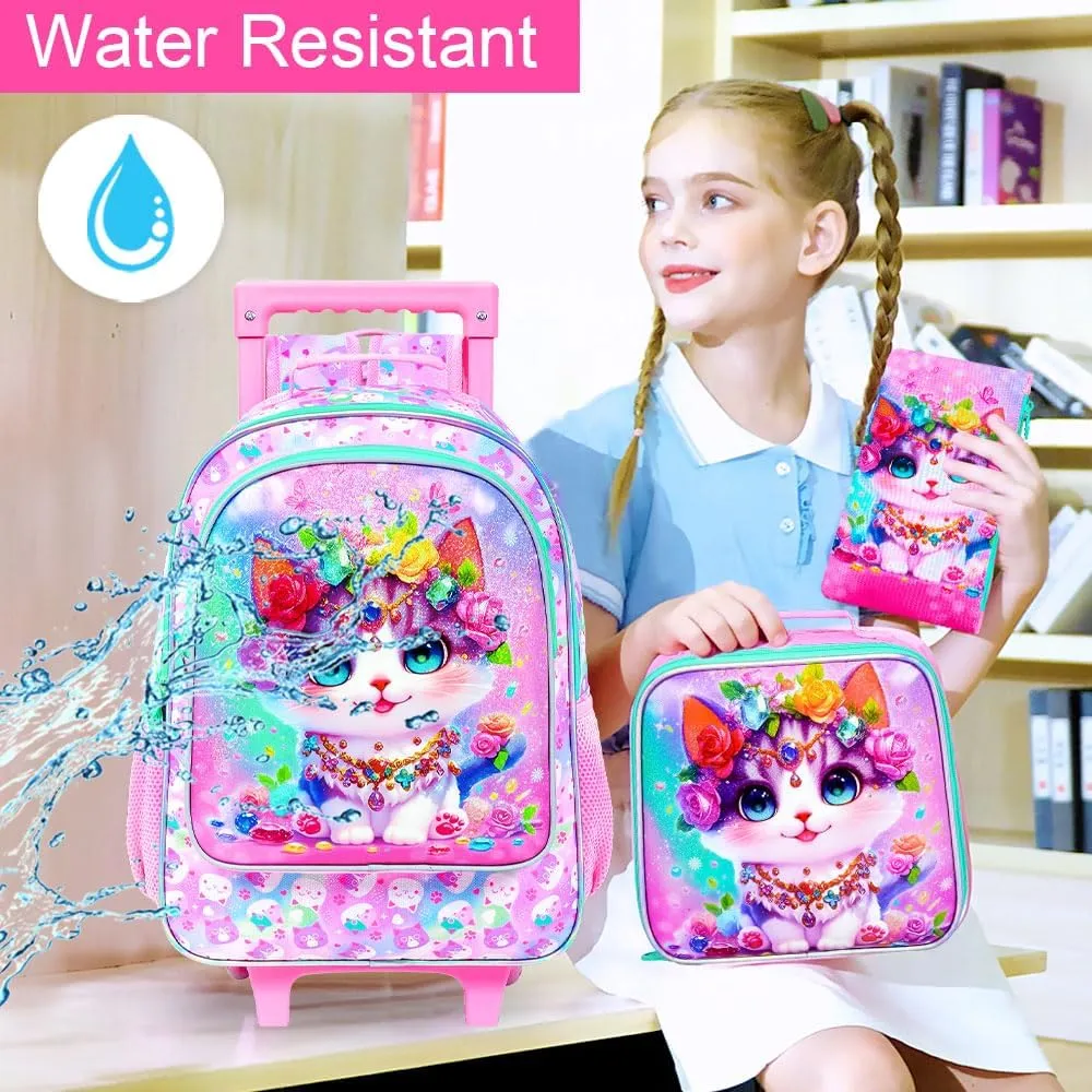 3Pcs Rolling Backpack for Girls, Kids Roller School Backpack with Wheels, Cat Wheeled Bookbag for Elementary Preschool Kindergarten(Pink)