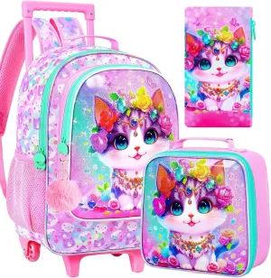 3Pcs Rolling Backpack for Girls, Kids Roller School Backpack with Wheels, Cat Wheeled Bookbag for Elementary Preschool Kindergarten(Pink)