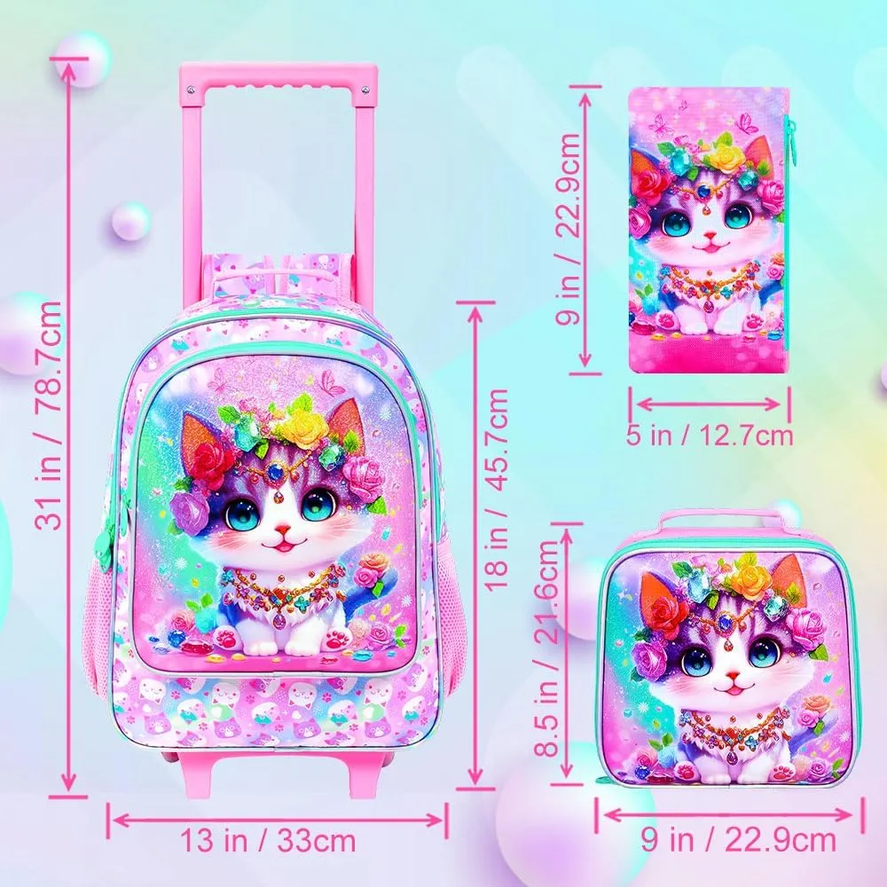 3Pcs Rolling Backpack for Girls, Kids Roller School Backpack with Wheels, Cat Wheeled Bookbag for Elementary Preschool Kindergarten(Pink)