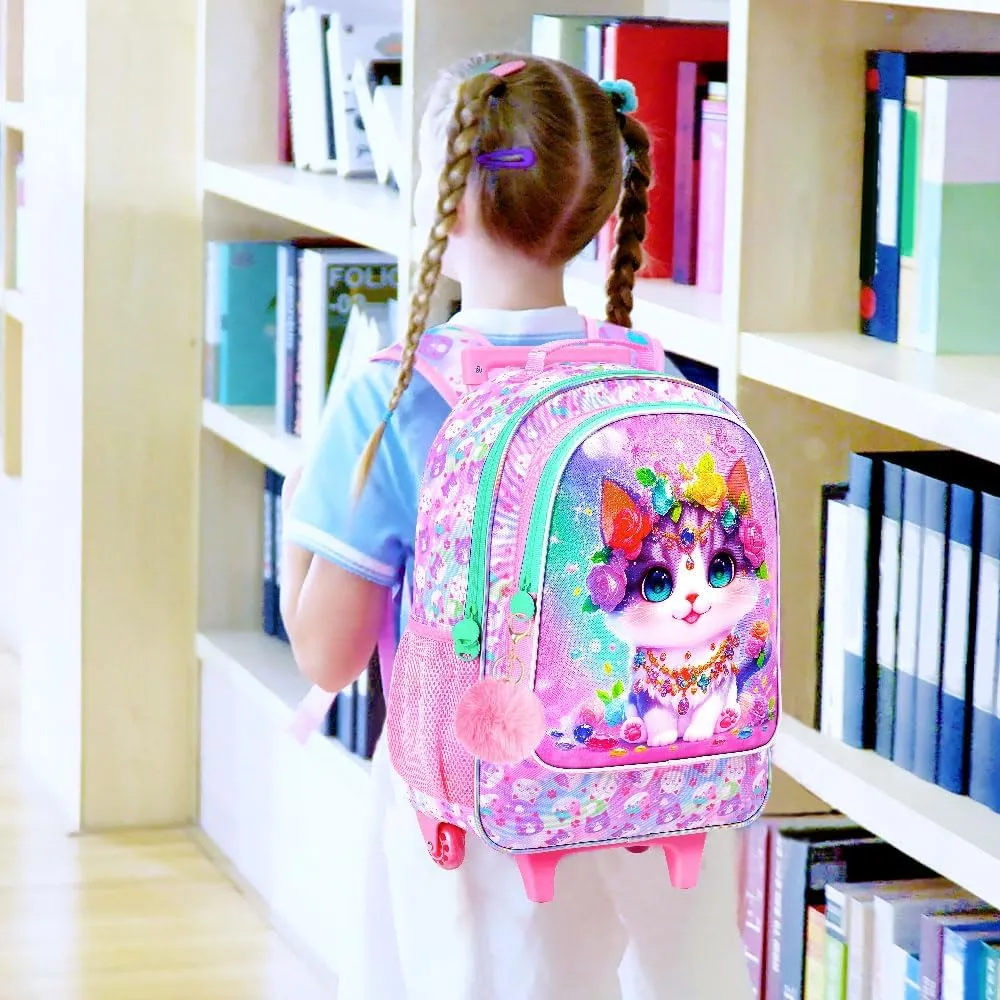3Pcs Rolling Backpack for Girls, Kids Roller School Backpack with Wheels, Cat Wheeled Bookbag for Elementary Preschool Kindergarten(Pink)