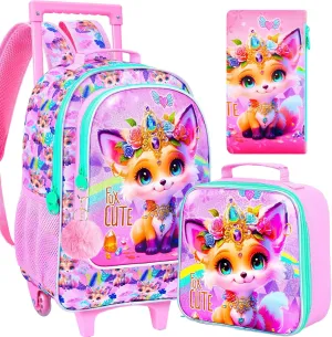 3Pcs Rolling Backpack for Girls, Kids Roller School Backpack with Wheels, Fox Wheeled Bookbag for Elementary Preschool Kindergarten(Pink)
