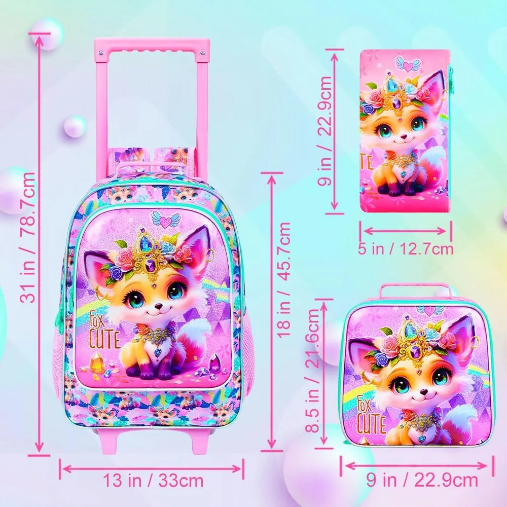 3Pcs Rolling Backpack for Girls, Kids Roller School Backpack with Wheels, Fox Wheeled Bookbag for Elementary Preschool Kindergarten(Pink)