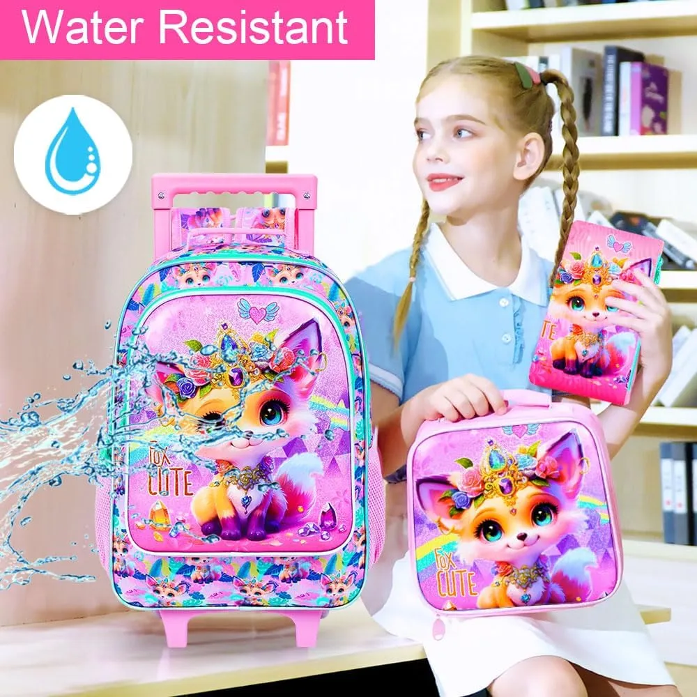 3Pcs Rolling Backpack for Girls, Kids Roller School Backpack with Wheels, Fox Wheeled Bookbag for Elementary Preschool Kindergarten(Pink)