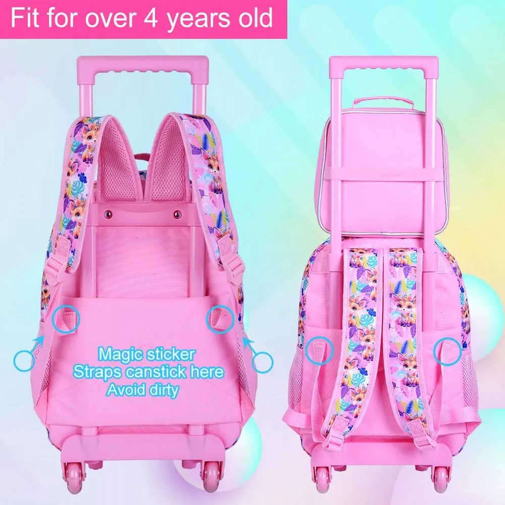 3Pcs Rolling Backpack for Girls, Kids Roller School Backpack with Wheels, Fox Wheeled Bookbag for Elementary Preschool Kindergarten(Pink)