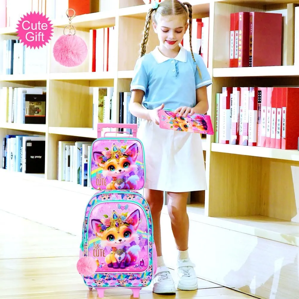3Pcs Rolling Backpack for Girls, Kids Roller School Backpack with Wheels, Fox Wheeled Bookbag for Elementary Preschool Kindergarten(Pink)