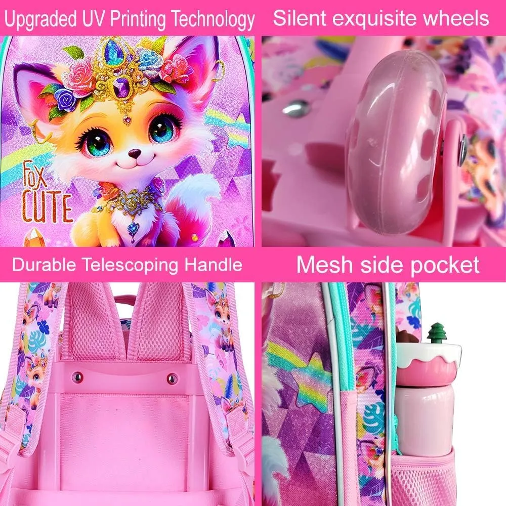 3Pcs Rolling Backpack for Girls, Kids Roller School Backpack with Wheels, Fox Wheeled Bookbag for Elementary Preschool Kindergarten(Pink)