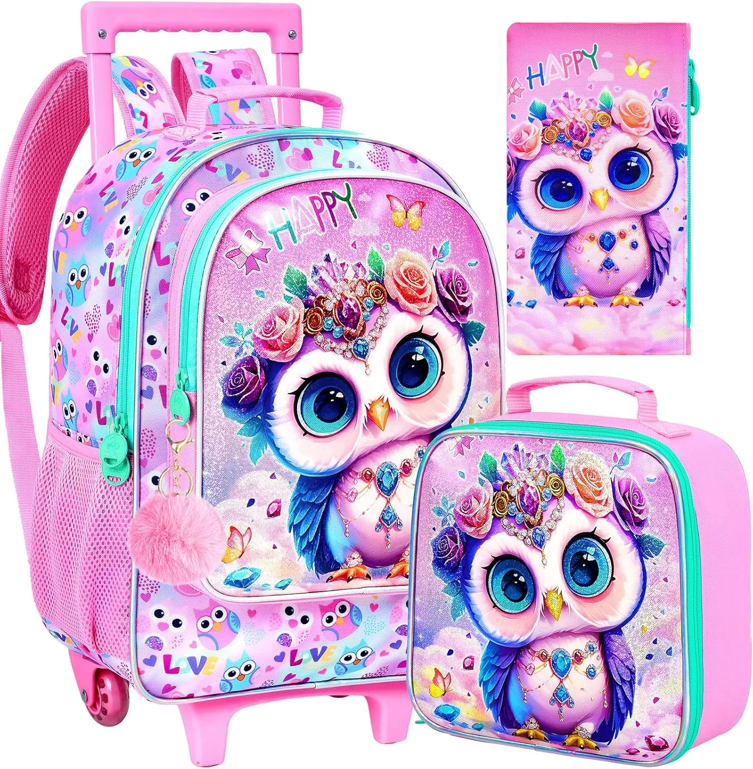 3Pcs Rolling Backpack for Girls, Kids Roller School Backpack with Wheels, Owl Wheeled Bookbag for Elementary Preschool Kindergarten(Pink)