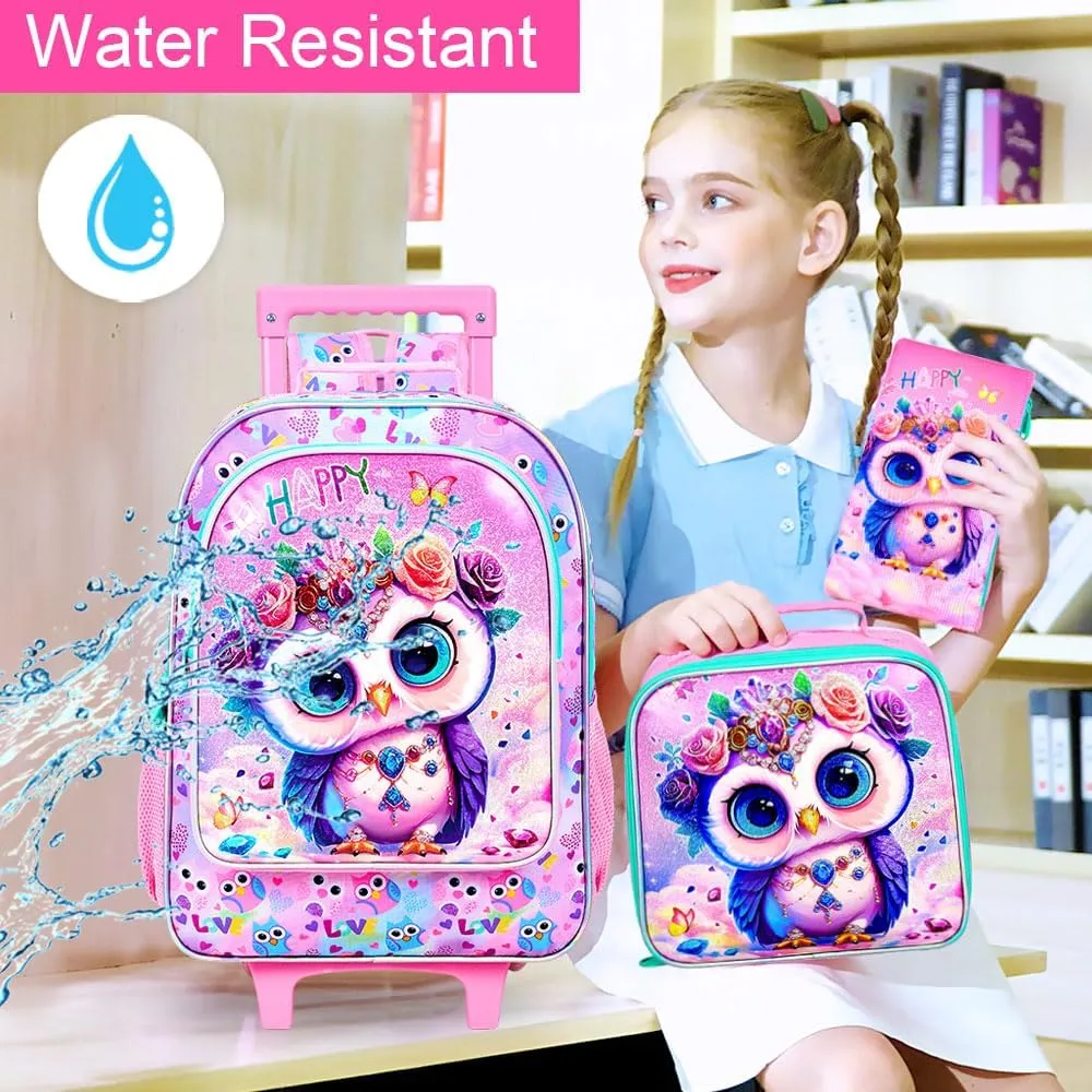 3Pcs Rolling Backpack for Girls, Kids Roller School Backpack with Wheels, Owl Wheeled Bookbag for Elementary Preschool Kindergarten(Pink)