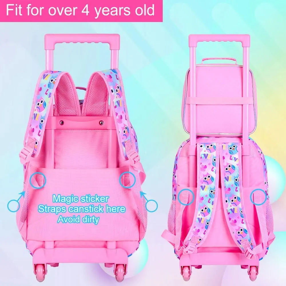 3Pcs Rolling Backpack for Girls, Kids Roller School Backpack with Wheels, Owl Wheeled Bookbag for Elementary Preschool Kindergarten(Pink)