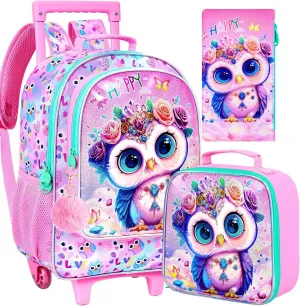 3Pcs Rolling Backpack for Girls, Kids Roller School Backpack with Wheels, Owl Wheeled Bookbag for Elementary Preschool Kindergarten(Pink)