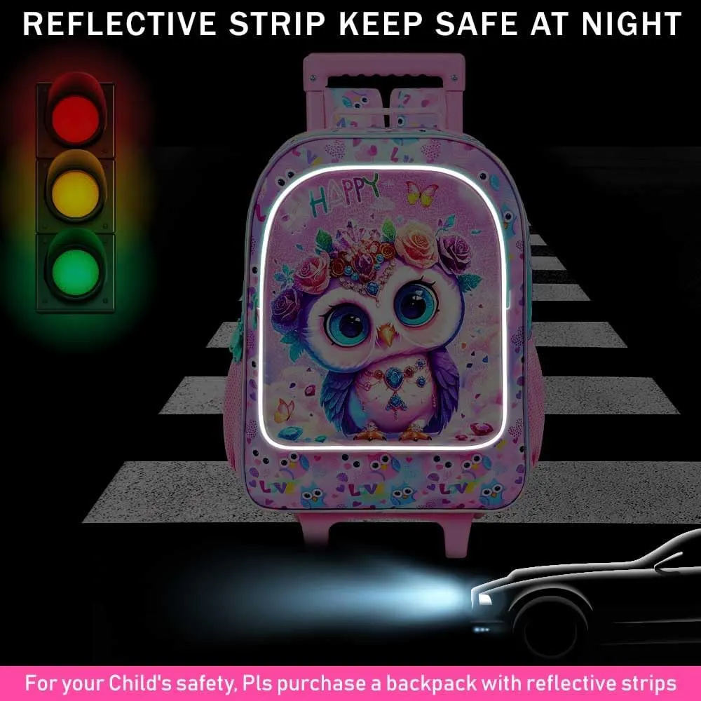 3Pcs Rolling Backpack for Girls, Kids Roller School Backpack with Wheels, Owl Wheeled Bookbag for Elementary Preschool Kindergarten(Pink)
