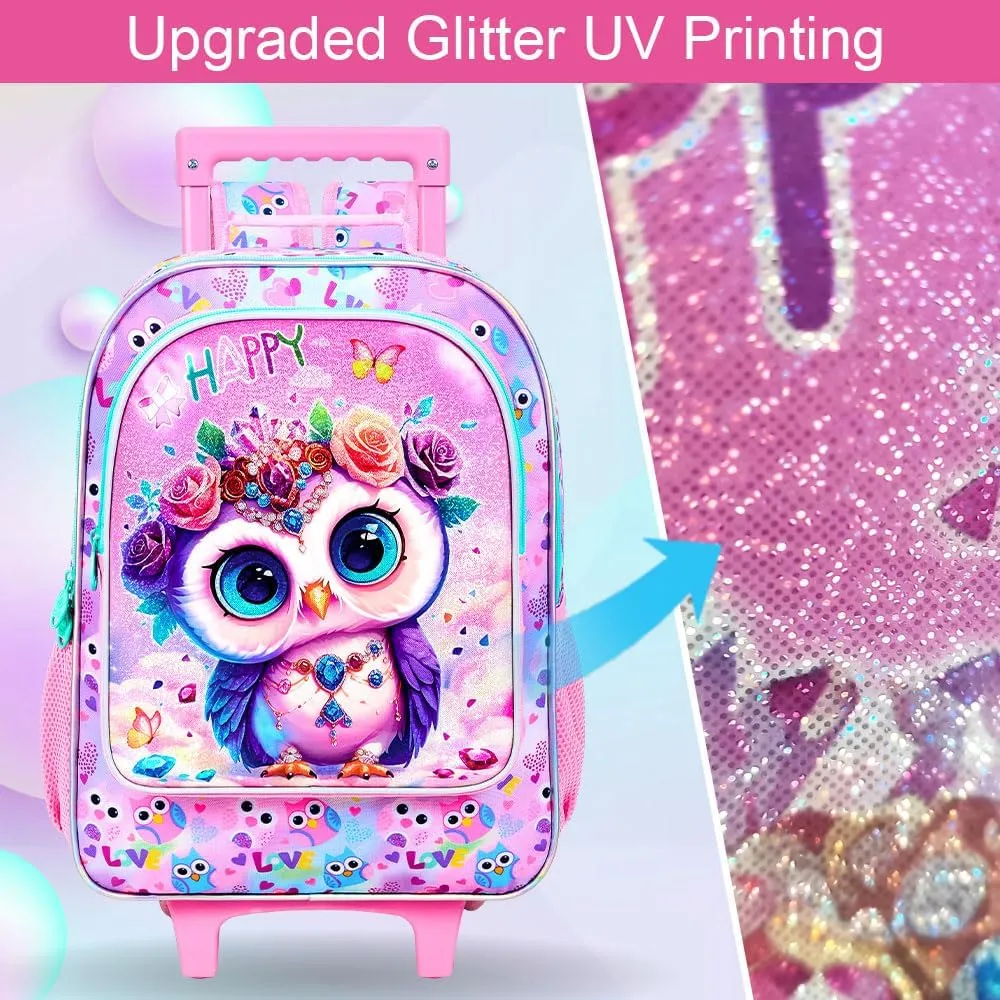 3Pcs Rolling Backpack for Girls, Kids Roller School Backpack with Wheels, Owl Wheeled Bookbag for Elementary Preschool Kindergarten(Pink)