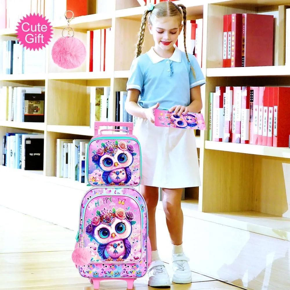 3Pcs Rolling Backpack for Girls, Kids Roller School Backpack with Wheels, Owl Wheeled Bookbag for Elementary Preschool Kindergarten(Pink)