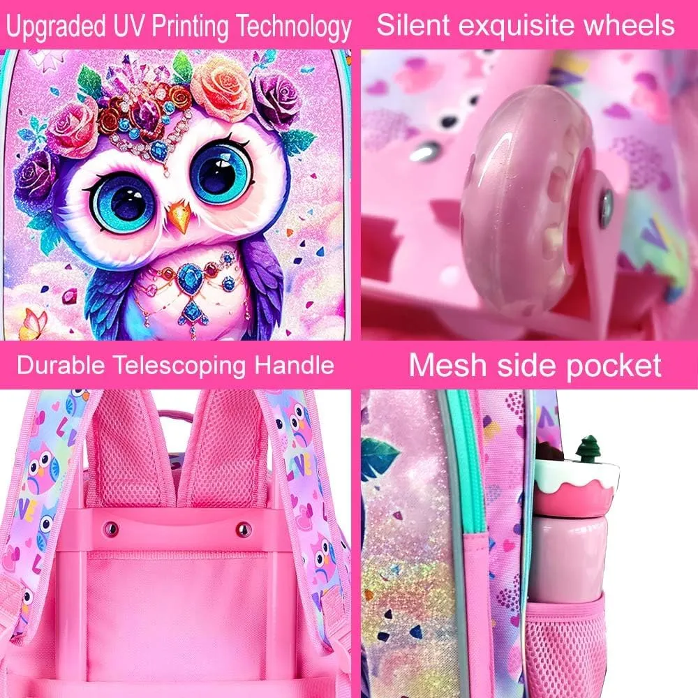 3Pcs Rolling Backpack for Girls, Kids Roller School Backpack with Wheels, Owl Wheeled Bookbag for Elementary Preschool Kindergarten(Pink)