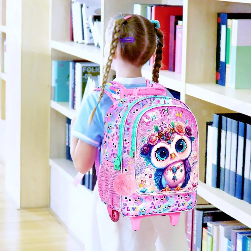 3Pcs Rolling Backpack for Girls, Kids Roller School Backpack with Wheels, Owl Wheeled Bookbag for Elementary Preschool Kindergarten(Pink)