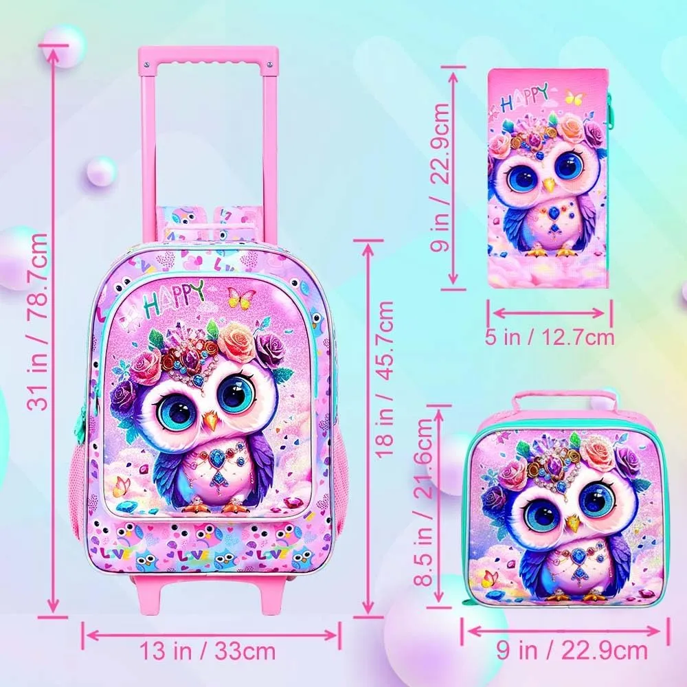 3Pcs Rolling Backpack for Girls, Kids Roller School Backpack with Wheels, Owl Wheeled Bookbag for Elementary Preschool Kindergarten(Pink)