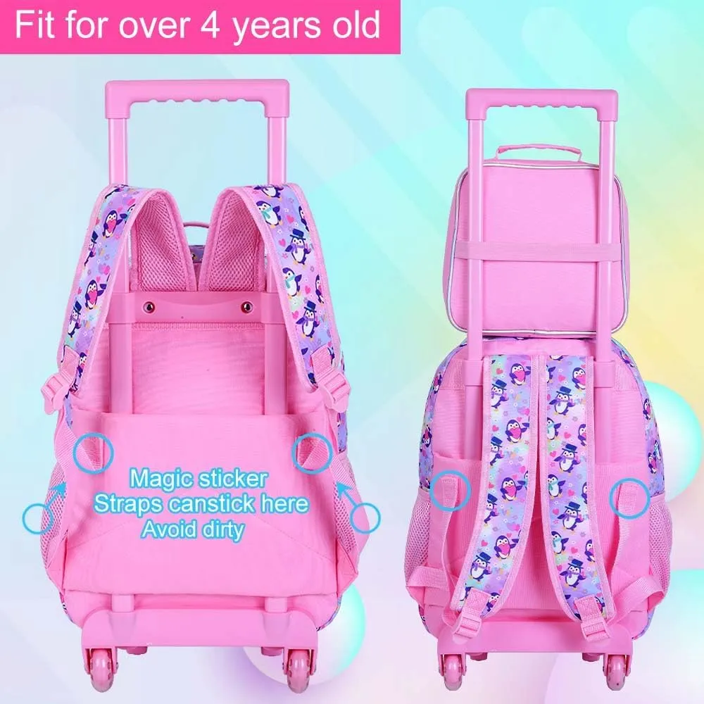 3Pcs Rolling Backpack for Girls, Kids Roller School Backpack with Wheels, Penguin Wheeled Bookbag for Elementary Preschool Kindergarten(Pink)