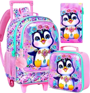 3Pcs Rolling Backpack for Girls, Kids Roller School Backpack with Wheels, Penguin Wheeled Bookbag for Elementary Preschool Kindergarten(Pink)