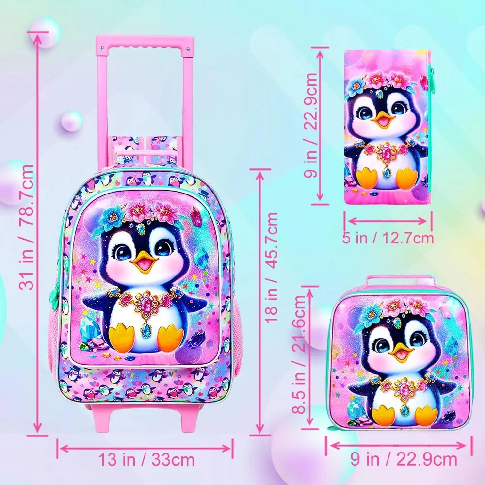 3Pcs Rolling Backpack for Girls, Kids Roller School Backpack with Wheels, Penguin Wheeled Bookbag for Elementary Preschool Kindergarten(Pink)