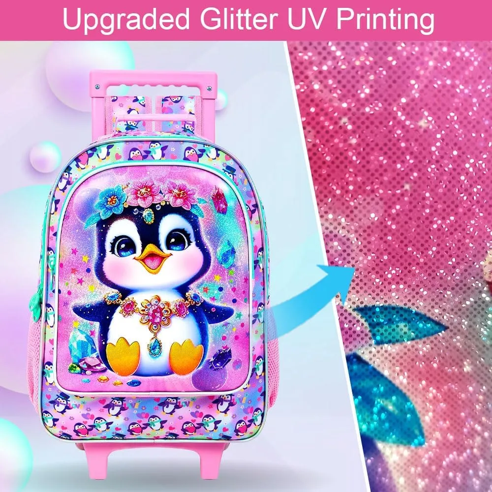 3Pcs Rolling Backpack for Girls, Kids Roller School Backpack with Wheels, Penguin Wheeled Bookbag for Elementary Preschool Kindergarten(Pink)