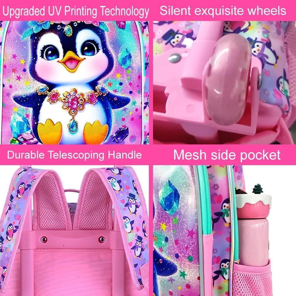 3Pcs Rolling Backpack for Girls, Kids Roller School Backpack with Wheels, Penguin Wheeled Bookbag for Elementary Preschool Kindergarten(Pink)