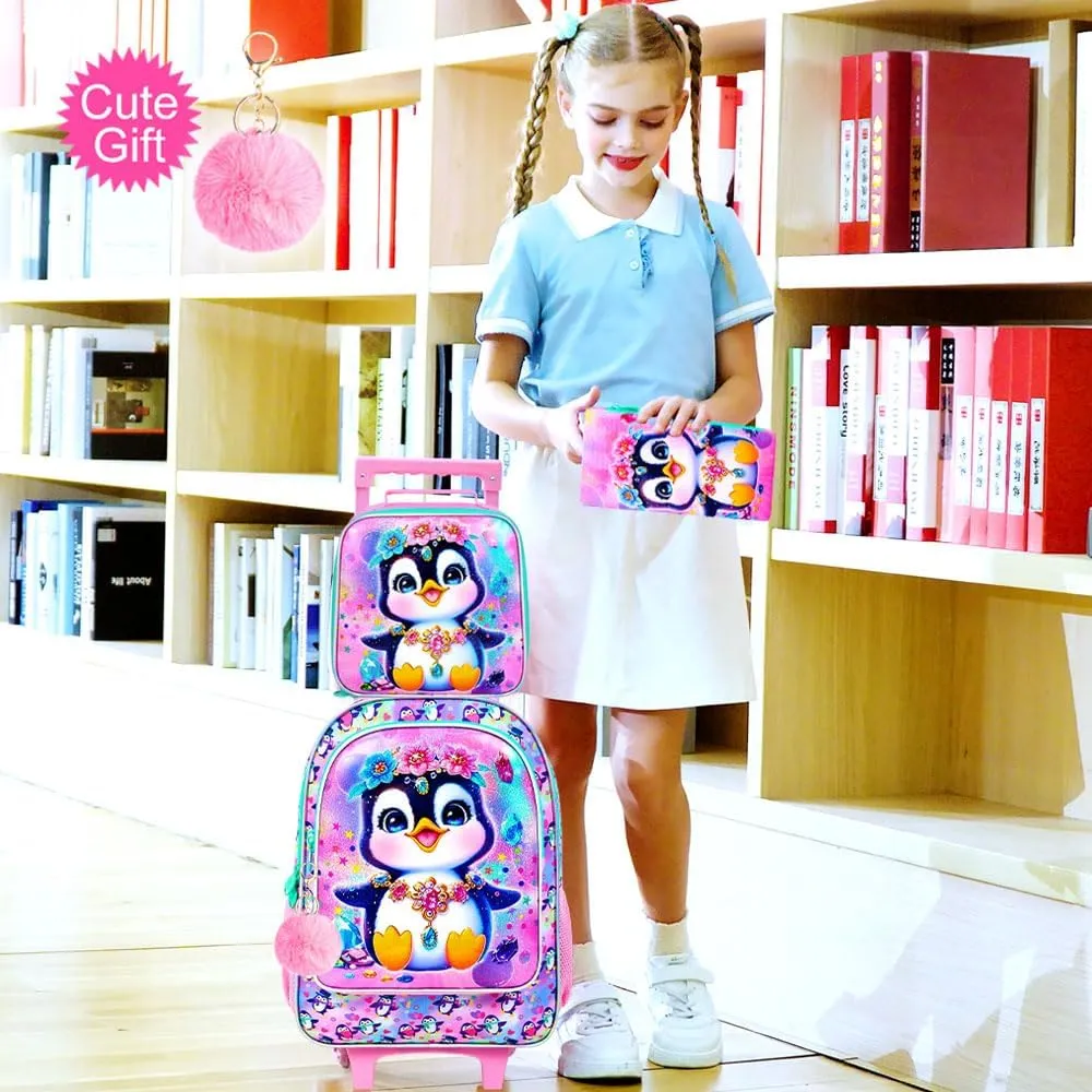 3Pcs Rolling Backpack for Girls, Kids Roller School Backpack with Wheels, Penguin Wheeled Bookbag for Elementary Preschool Kindergarten(Pink)