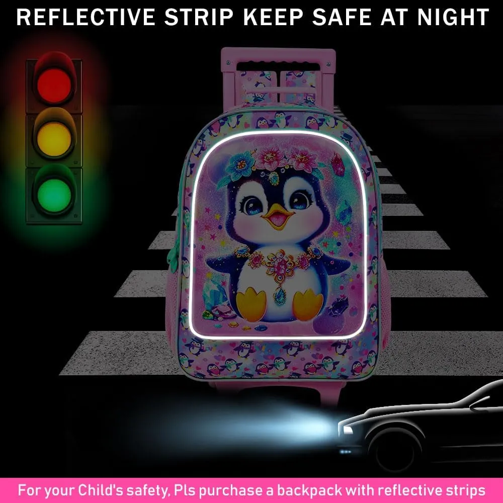 3Pcs Rolling Backpack for Girls, Kids Roller School Backpack with Wheels, Penguin Wheeled Bookbag for Elementary Preschool Kindergarten(Pink)