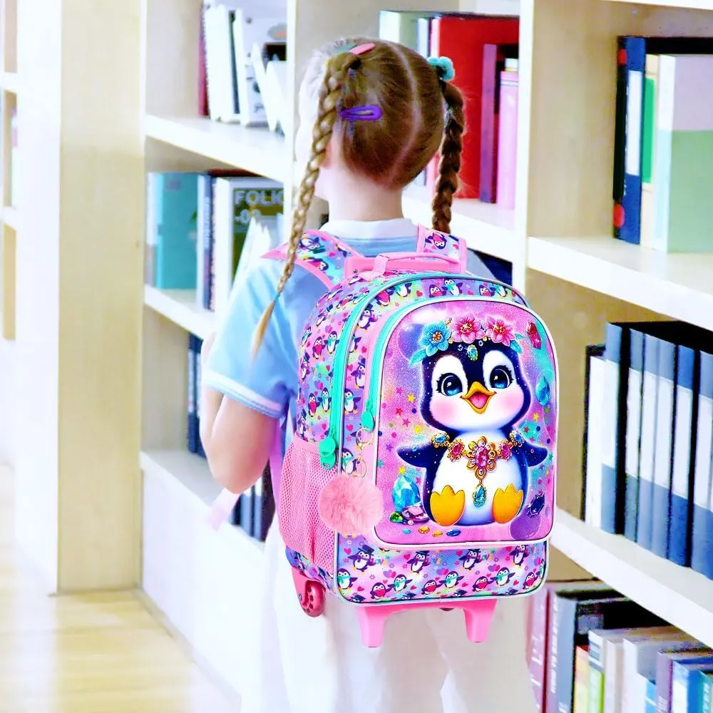 3Pcs Rolling Backpack for Girls, Kids Roller School Backpack with Wheels, Penguin Wheeled Bookbag for Elementary Preschool Kindergarten(Pink)