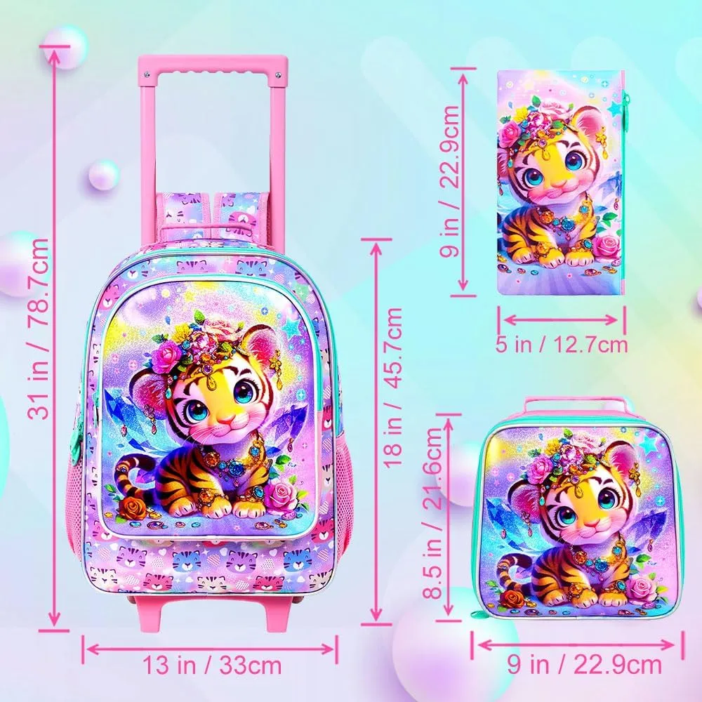 3Pcs Rolling Backpack for Girls, Kids Roller School Backpack with Wheels, Tiger Wheeled Bookbag for Elementary Preschool Kindergarten(Pink)