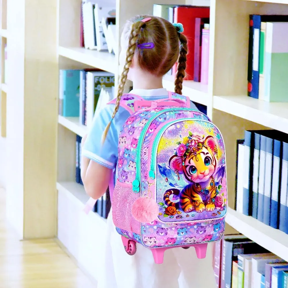3Pcs Rolling Backpack for Girls, Kids Roller School Backpack with Wheels, Tiger Wheeled Bookbag for Elementary Preschool Kindergarten(Pink)
