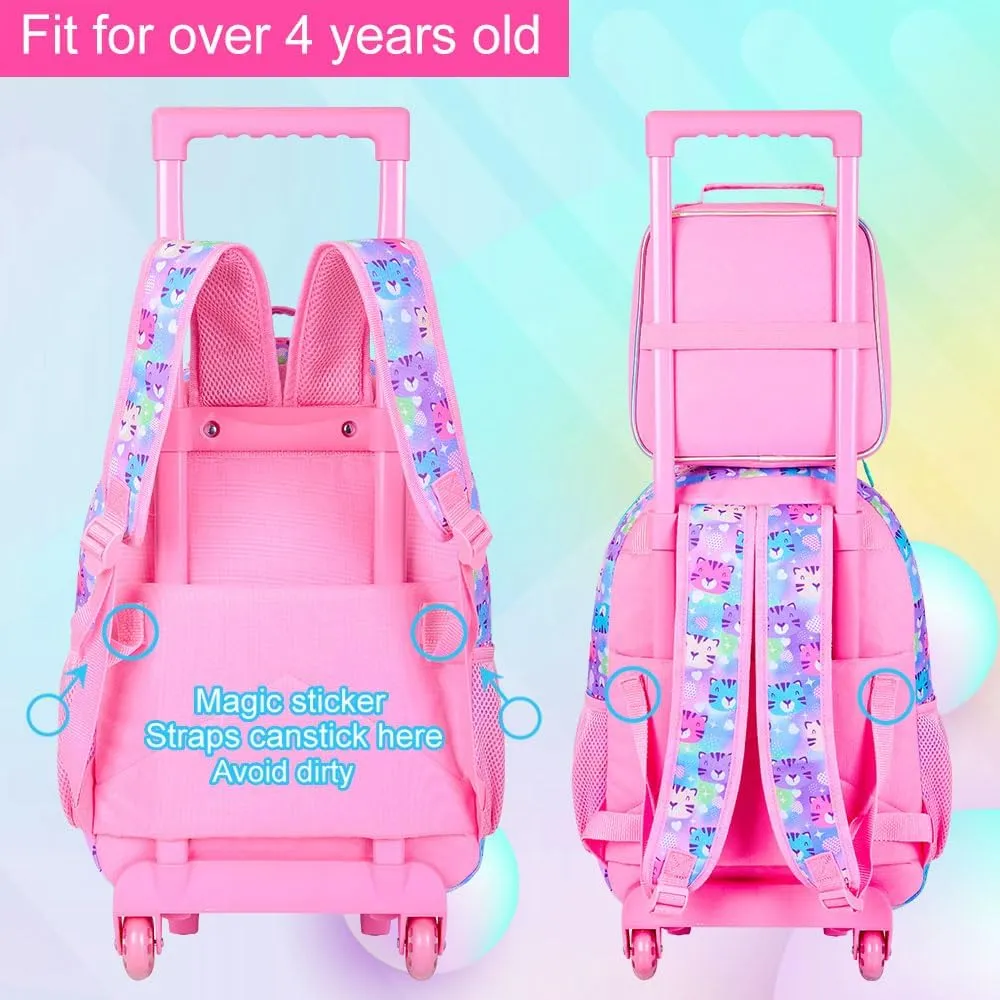 3Pcs Rolling Backpack for Girls, Kids Roller School Backpack with Wheels, Tiger Wheeled Bookbag for Elementary Preschool Kindergarten(Pink)