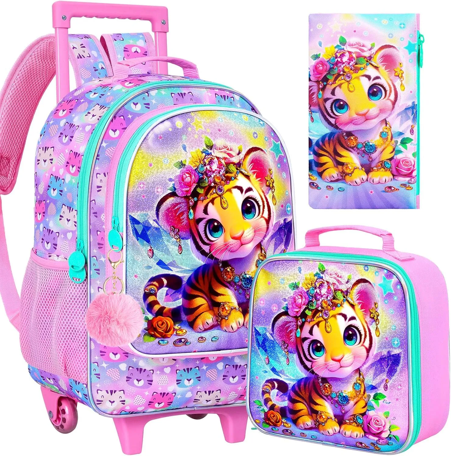 3Pcs Rolling Backpack for Girls, Kids Roller School Backpack with Wheels, Tiger Wheeled Bookbag for Elementary Preschool Kindergarten(Pink)
