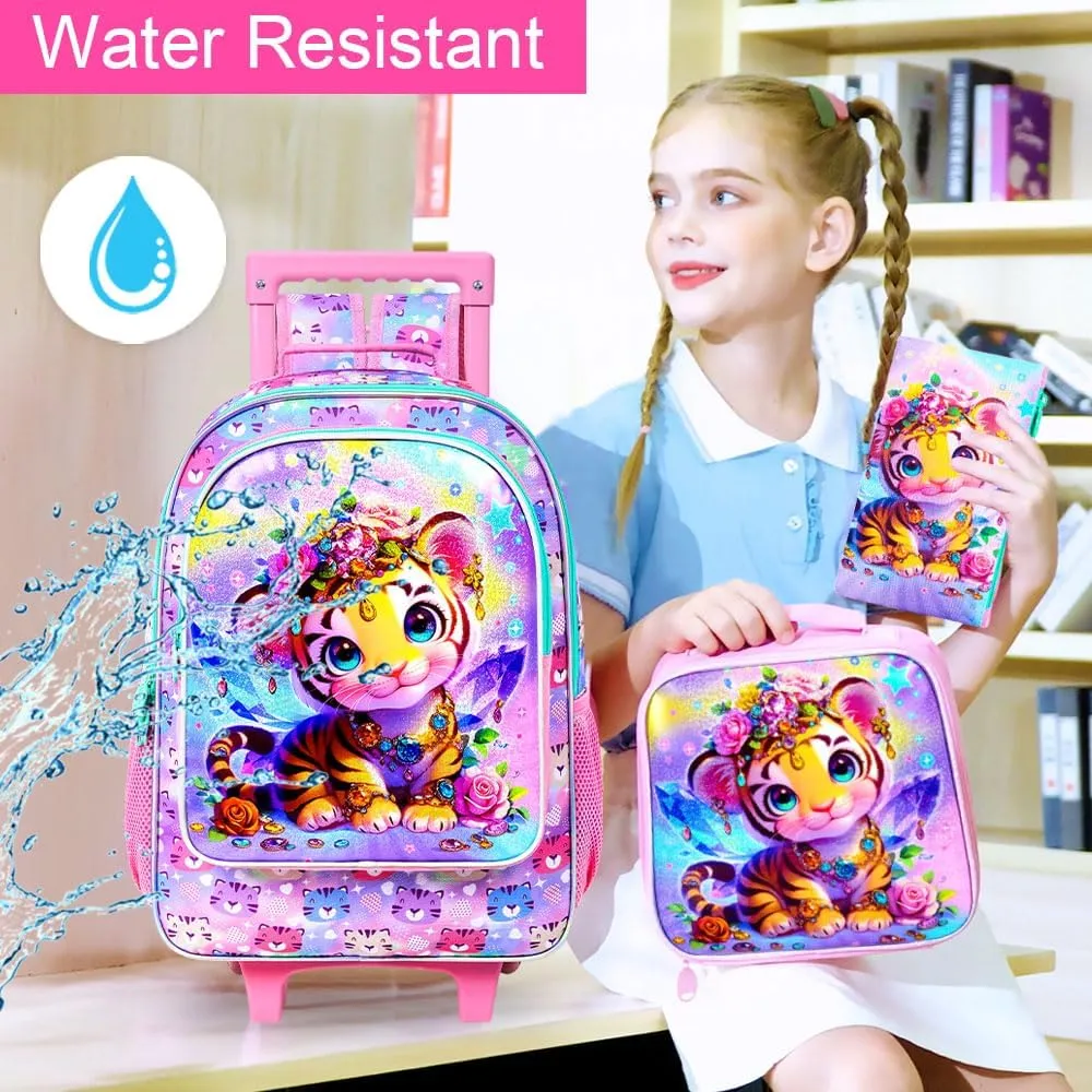 3Pcs Rolling Backpack for Girls, Kids Roller School Backpack with Wheels, Tiger Wheeled Bookbag for Elementary Preschool Kindergarten(Pink)