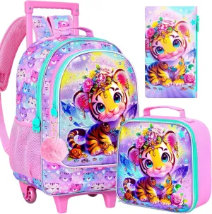 3Pcs Rolling Backpack for Girls, Kids Roller School Backpack with Wheels, Tiger Wheeled Bookbag for Elementary Preschool Kindergarten(Pink)