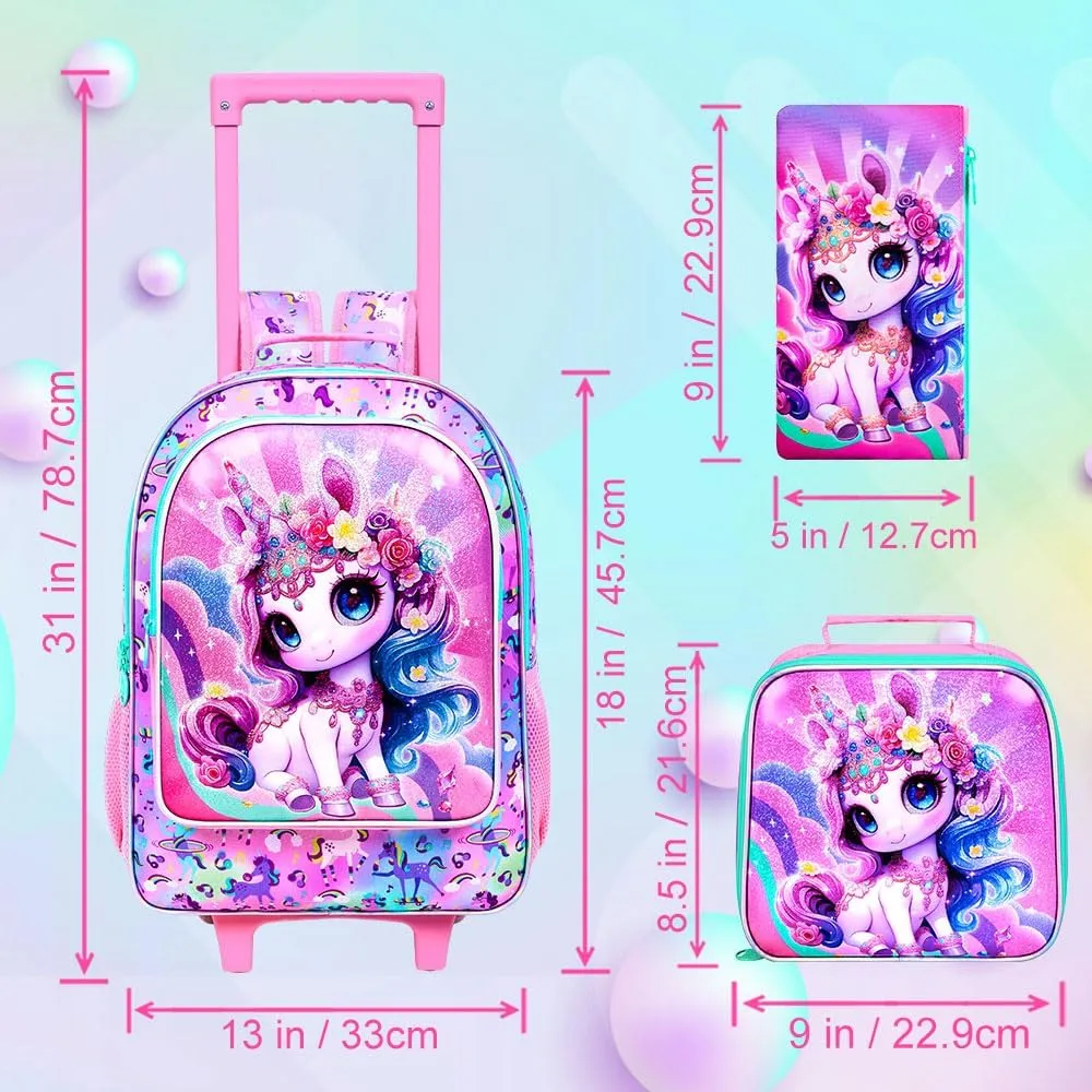 3Pcs Rolling Backpack for Girls, Kids Roller School Backpack with Wheels, Unicorn Wheeled Bookbag for Elementary Preschool Kindergarten(Pink)