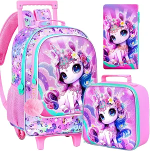 3Pcs Rolling Backpack for Girls, Kids Roller School Backpack with Wheels, Unicorn Wheeled Bookbag for Elementary Preschool Kindergarten(Pink)