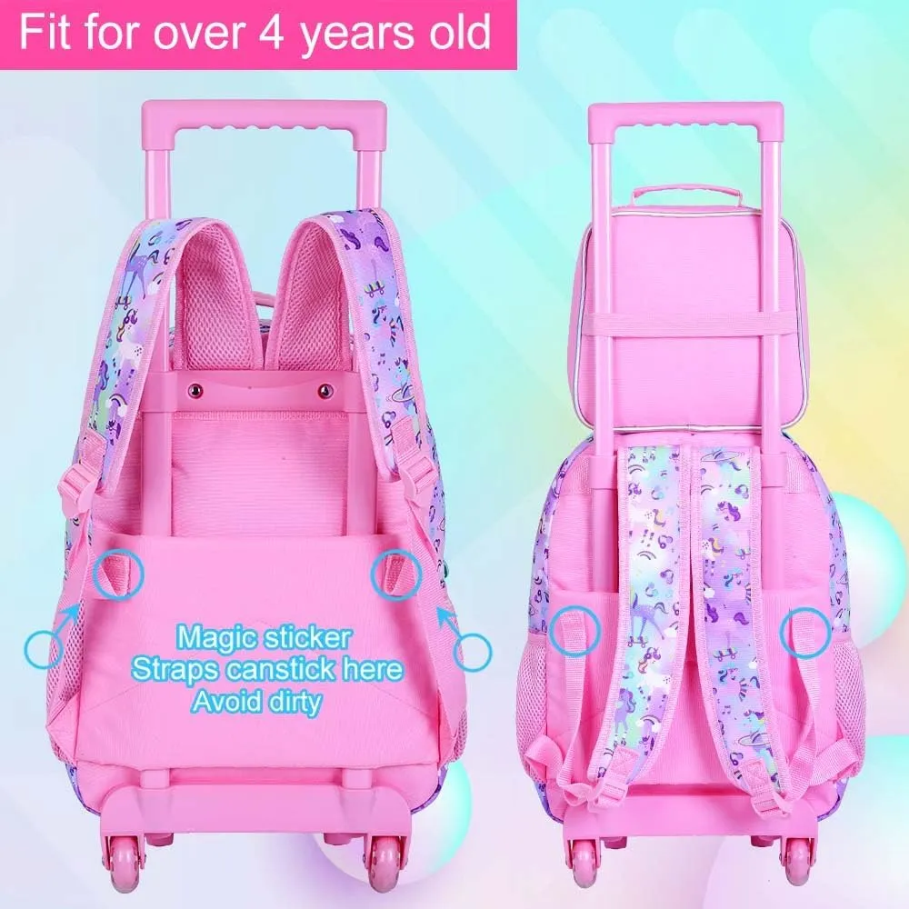 3Pcs Rolling Backpack for Girls, Kids Roller School Backpack with Wheels, Unicorn Wheeled Bookbag for Elementary Preschool Kindergarten(Pink)